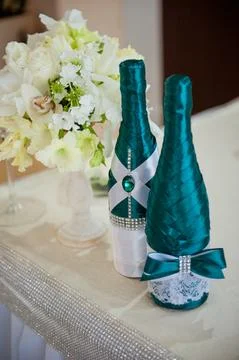 Festive table setting in the restaurant with flowers. Wedding decor. Stock Photos