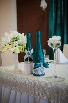 Festive table setting in the restaurant with flowers. Wedding decor. Stock Photos