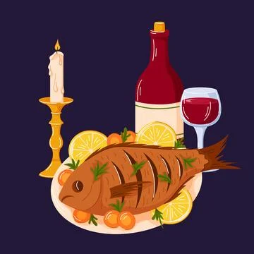 Festive table setting with roasted fish, lemon slices, wine bottle, glass and Stock Illustration