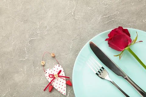 Festive table setting for Valentines Day on grey background Stock Photos