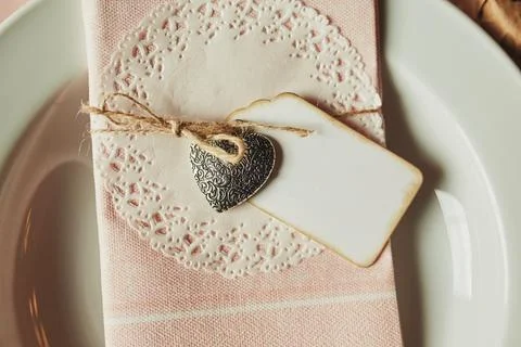Festive table setting for Valentine's Day withtable napkin, sign for the in.. Stock Photos