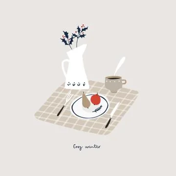Festive table setting. Vase with holly berries. Plate with fruit, fir tree Stock Illustration
