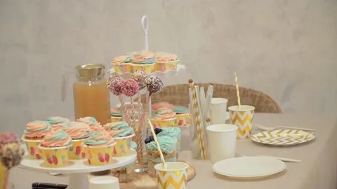 Festive table with sweets for the birthday Stock Footage 132015349
