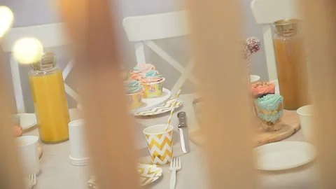 Festive table with sweets for the birthday Stock Footage 132015356