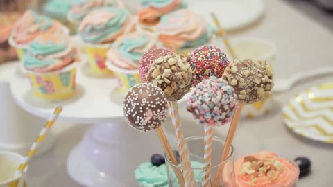 Festive table with sweets for the birthday Stock Footage 132015376