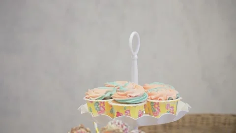 Festive table with sweets for the birthday Stock Footage 132015409