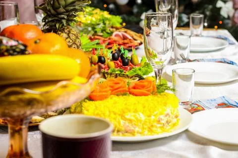 Festive table. Traditional served table. Preparation for the holiday. Stock Photos
