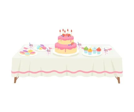 Festive Table with White Tablecloth Setting with Cake with Candles and Sweets Stock Illustration
