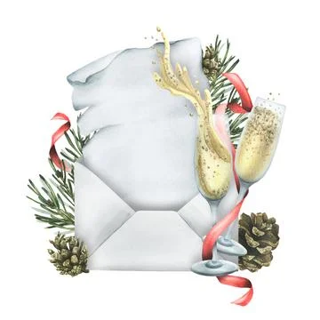 Festive template with envelope, spruce branches, champagne glasses and red 스톡 일러스트