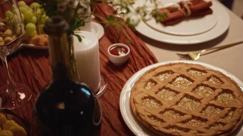 Festive Thanksgiving Dinner Table with Homemade Pie for Holiday Feast 스톡 동영상 344864248