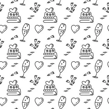 Festive theme, seamless background. Champagne glasses, hearts,cake , flowers. Stock Illustration