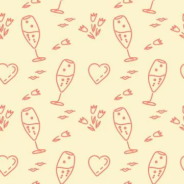 Festive theme, seamless background. Champagne glasses, hearts, flowers. Stock Illustration