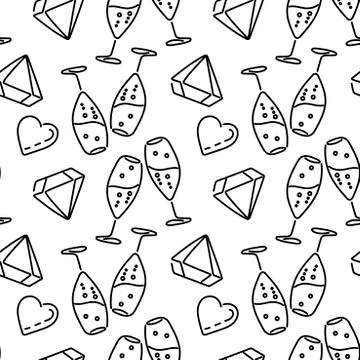 Festive theme, seamless background. Champagne glasses, hearts, diamonds . Vec Stock Illustration