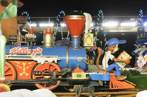 Festive Train Float with Cereal Character Stock Photos