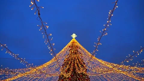 Festive tree, decorations and light strings against the twilight sky. Christm Stock Footage 219891244