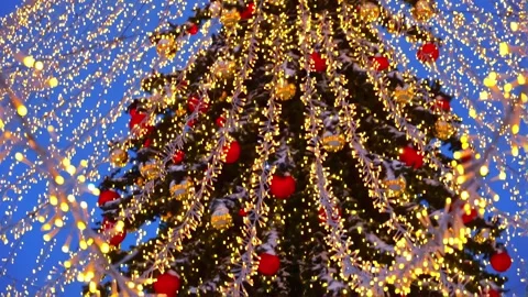 Festive tree, decorations and light strings against the twilight sky. Chris.. Stock Footage 321062859