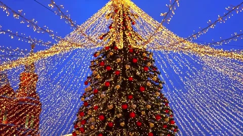 Festive tree, decorations and light strings against the twilight sky. Chris.. Stock Footage 340469415
