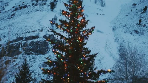 Festive Tree in Front of Snow Covered Mountain Landscape Stock Footage 313380127