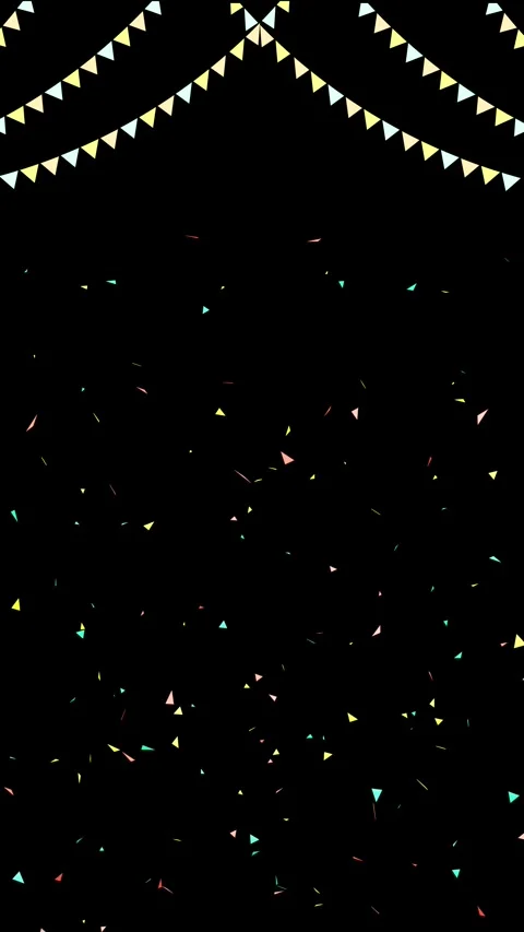 Festive triangle flag party scene pastel bunting, confetti pieces, and large bla Stock Footage 340397878