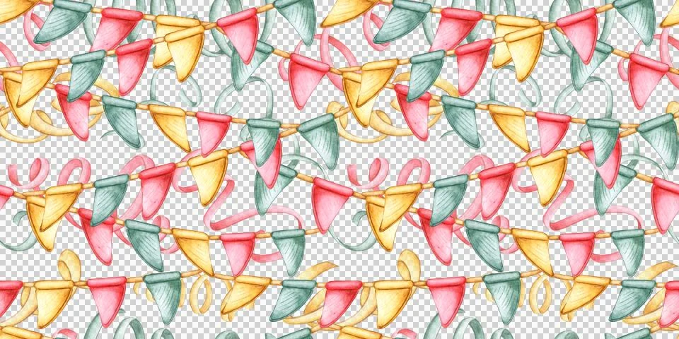 Festive triangular flags and confetti pattern watercolor Stockillustratie