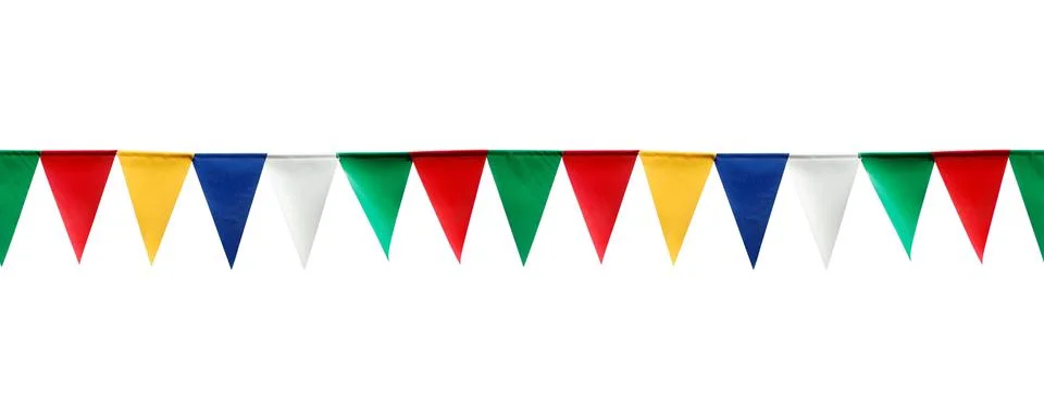 Festive triangular flags isolated on white background. Seamless pattern. 스톡 사진