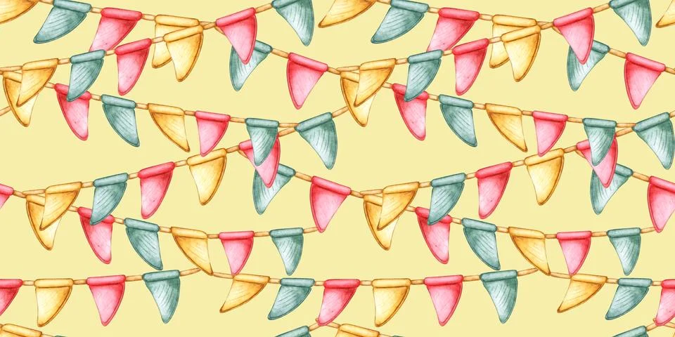 Festive triangular flags pattern on yellow background in watercolor イラスト素材
