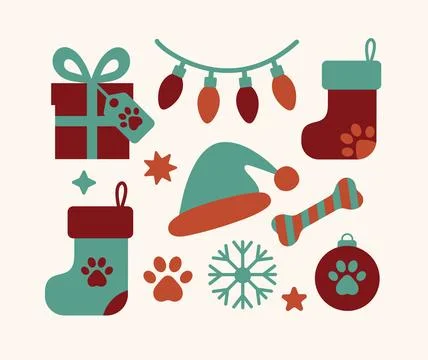 A festive vector flat art set featuring Christmas-themed pet elements. イラスト素材