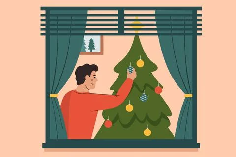 Festive vector illustration of man decorating christmas tree Stock Illustration