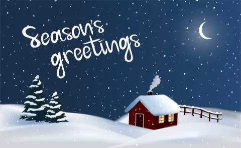 Festive vector night winter countryside background,season's greetings lettering. Stock Illustration