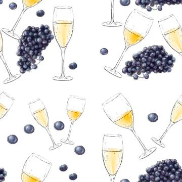 Festive vector seamless pattern with wine glasses and grapes on a white Stock Illustration