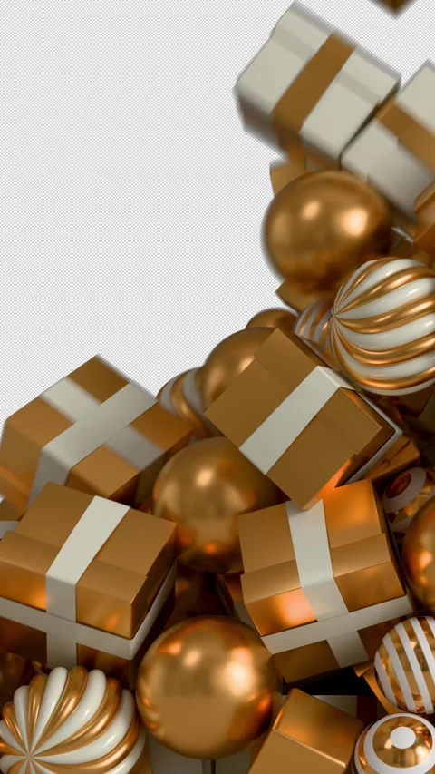 Festive Vertical 3D Transition of Falling Golden Gifts and Christmas Ornament Stock Footage 328216210