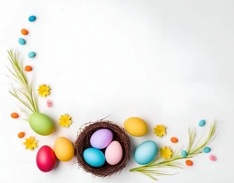 Festive wallpaper with Easter elements in the corner of the image, top view.. Fotos de archivo