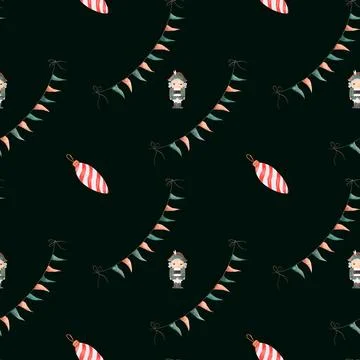 Festive watercolor christmas pattern nutcracker with toys and flags. magic Stock Illustration