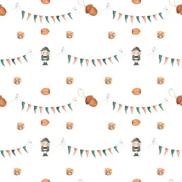 Festive watercolor christmas pattern nutcracker with toys and flags and nuts Illustrazione stock