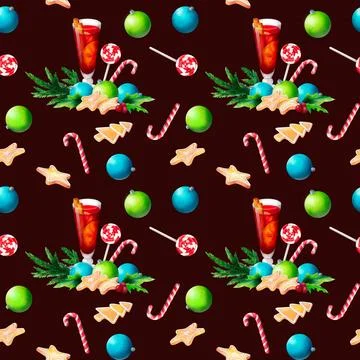 Festive watercolor pattern featuring mulled wine, vibrant Christmas baubles.. Stock Illustration