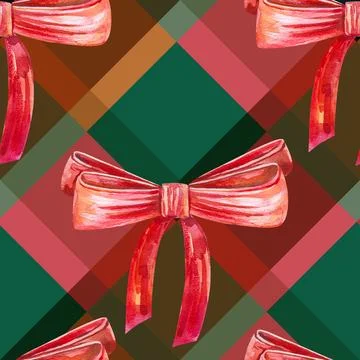 Festive watercolor seamless pattern with big red gift bows on plaid backgro.. Stock Illustration