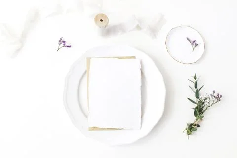 Festive wedding, birthday table setting with porcelain plate, silk ribbons and 写真素材