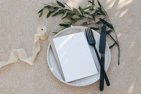 Festive wedding summer table setting. Black cutlery, olive branch, silk ribbon Foto stock