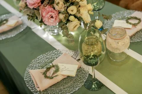 Festive wedding table, decorated with sweets and drinks Stock Photos