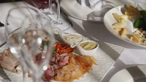 Festive wedding table served with delicious dishes in banquet hall indoors. Stock Footage 119487562