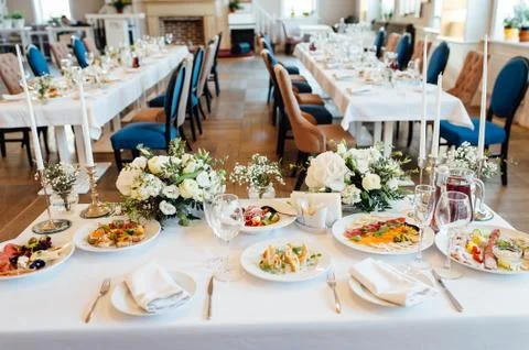 Festive wedding table setting. Empty wine glasses Stock Photos