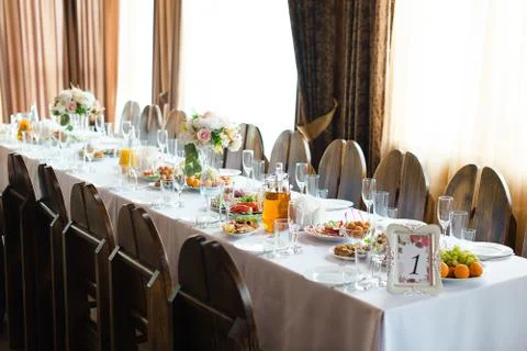 Festive wedding table setting. Empty wine glasses Stock Photos