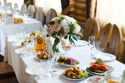 Festive wedding table setting. Empty wine glasses Stock Photos
