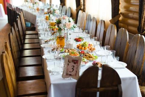 Festive wedding table setting. Empty wine glasses Stock Photos