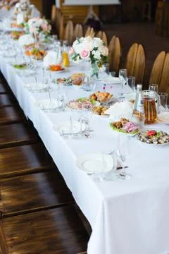 Festive wedding table setting. Empty wine glasses Stock Photos