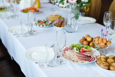 Festive wedding table setting. Empty wine glasses Stock Photos