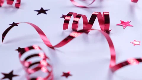 Festive white background with red serpentine and confetti stars decorative Stock Footage 218374672