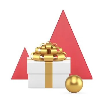 Festive white rectangle gift box golden bow ribbon red minimalist pyramid Chr Stock Illustration