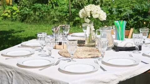 Festive white table setting in the backyard garden. Summer children's party Stock Footage 162614735