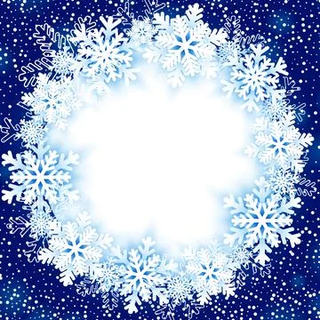 Festive winter background with a circular frame made of white snowflakes on.. Stock Illustration